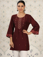 Maroon Chinon Embroidered Straight Top - Zeny | Grocsy