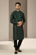 Raivat Ethnic Banarasi Art Silk Mirror Work Kurta Pajama In Dark Green Colour | Grocsy