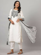 Juniper Women's White Chinnon Solid Embroidered Kurta Set | Grocsy
