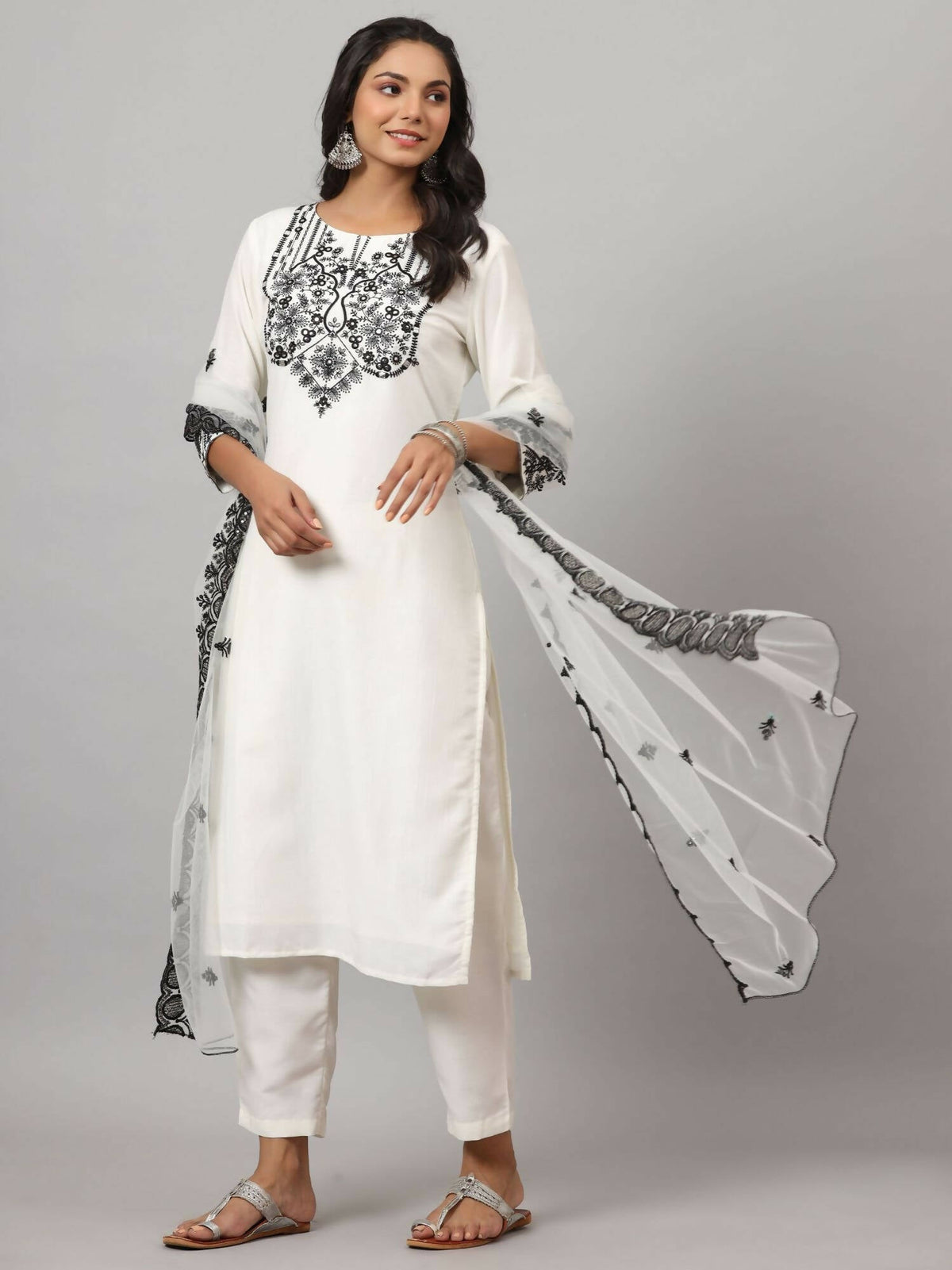 Juniper Women's White Chinnon Solid Embroidered Kurta Set | Grocsy