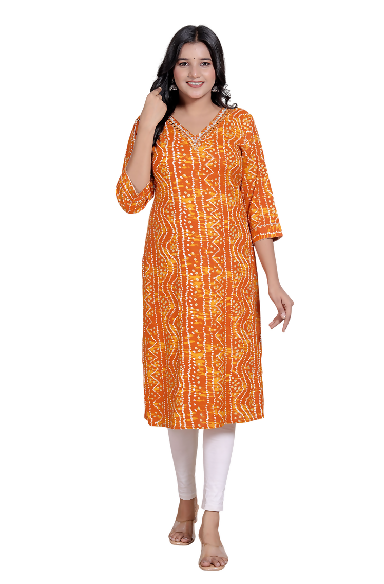 Miravan Womens Yellow Bandhani Printed Straight Kurti | Grocsy