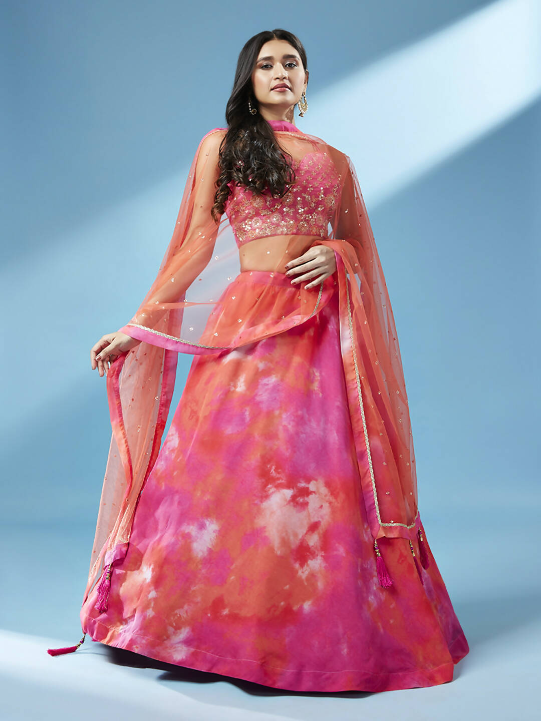 House of Panchhi Orange Organza Shibori Printed Lehenga choli & Dupatta | Grocsy