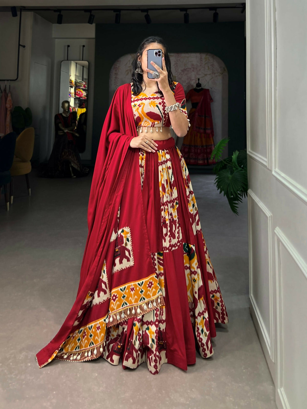 Vastranavya Navaratri Special Rayon with Printed Silk Lehenga with Stitched Choli - Off White | Grocsy