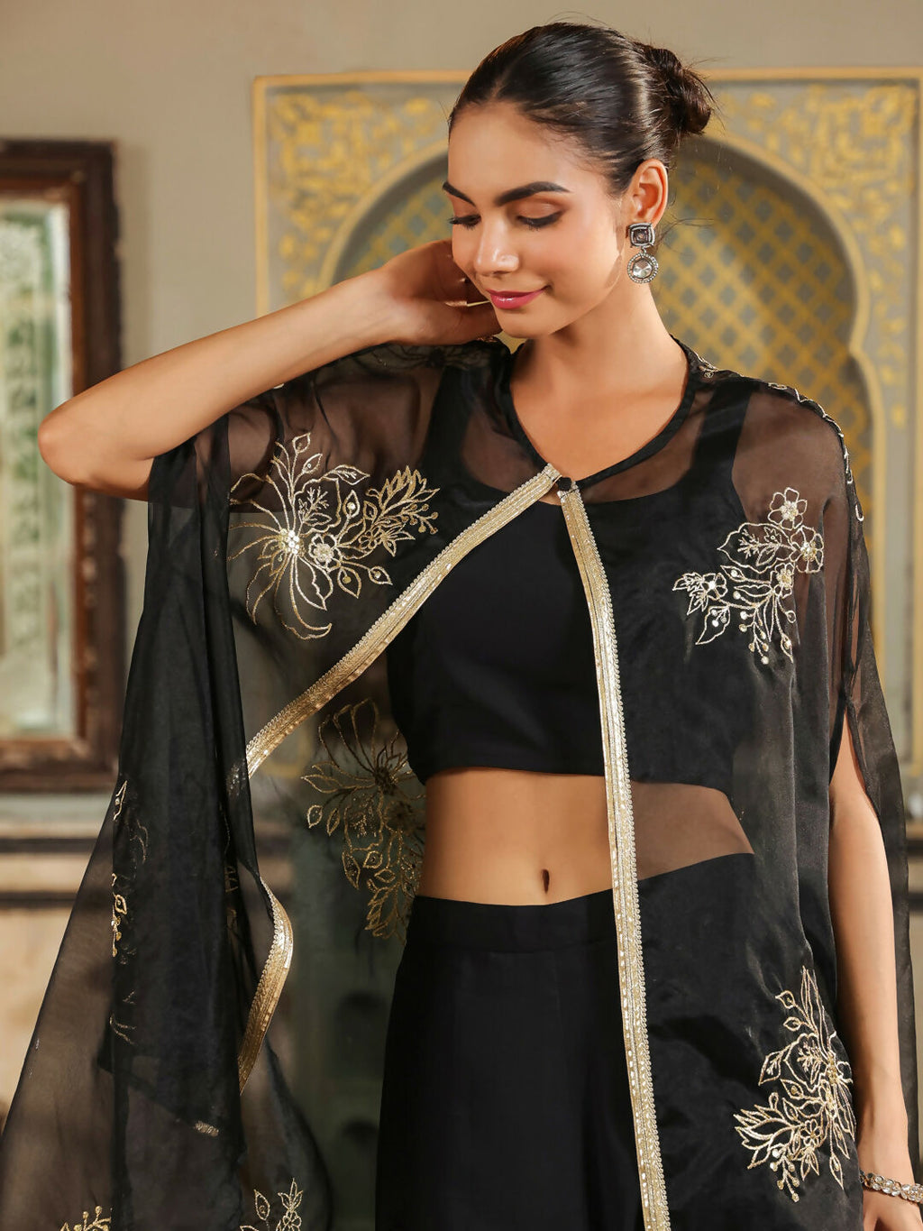Janasya Black Georgette Solid Top Bottom Cape | Grocsy