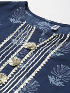 Yufta Women Navy Blue Gotta Patti Pure Cotton Kurta with Palazzo and Dupatta | Grocsy