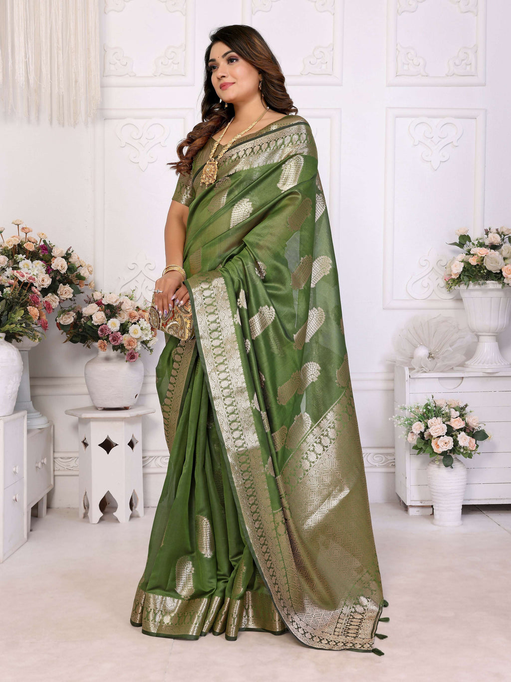 Aastha Fashion Mehndi Soft Organza Silk Weaving Saree | Grocsy