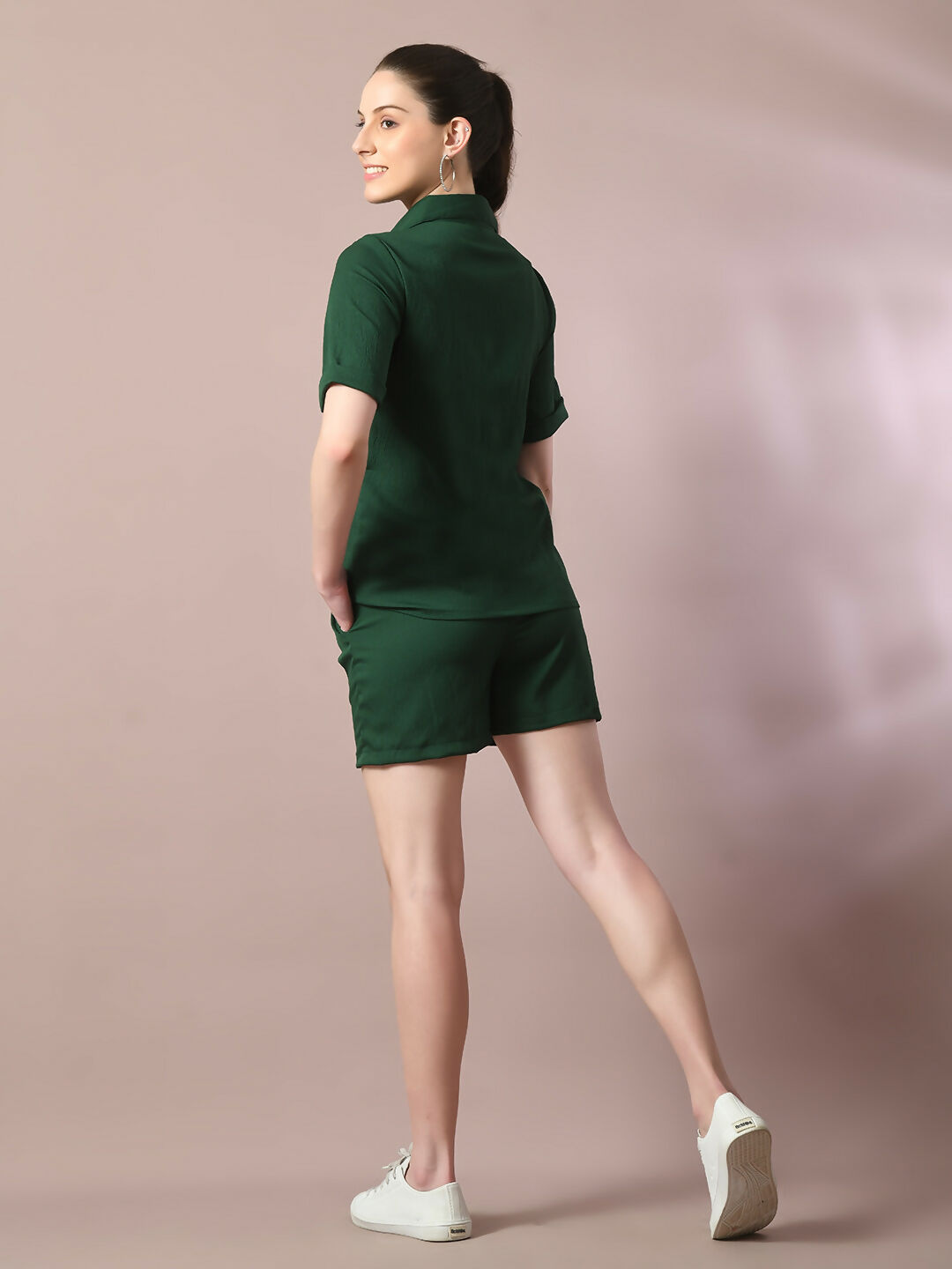 Myshka Women's Green Solid Shirt Collar Party Shirt With Shorts Co-ord set | Grocsy