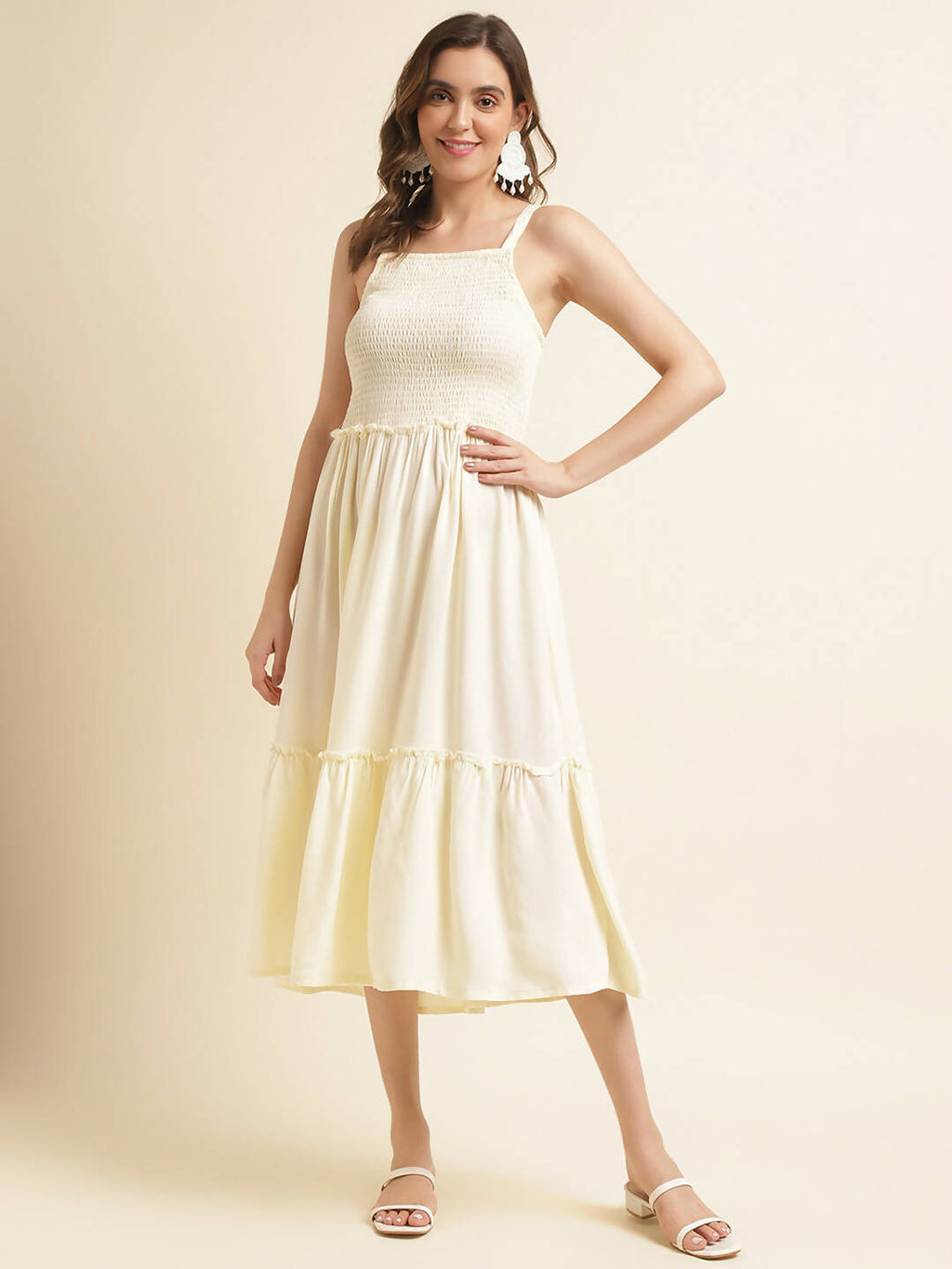 White Cotton Solid Flared Dress with Printed Shrug - Yukti | Grocsy