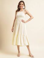 White Cotton Solid Flared Dress with Printed Shrug - Yukti | Grocsy