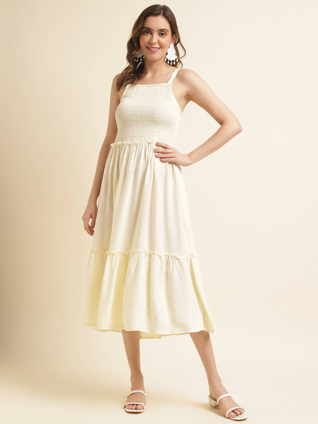 White Cotton Solid Flared Dress with Printed Shrug - Yukti | Grocsy