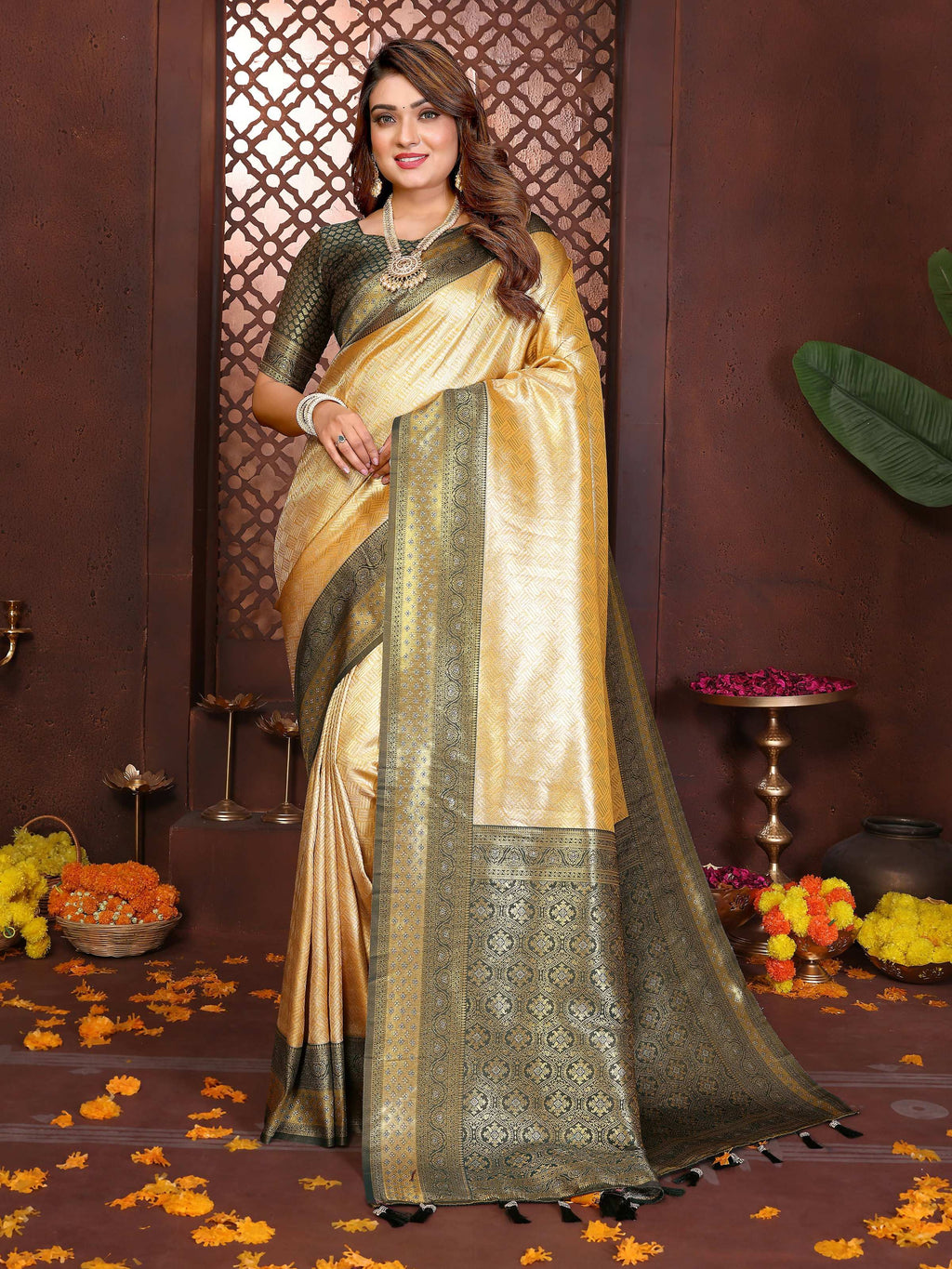 Aastha Fashion Cream Tissue Silk Woven Saree | Grocsy