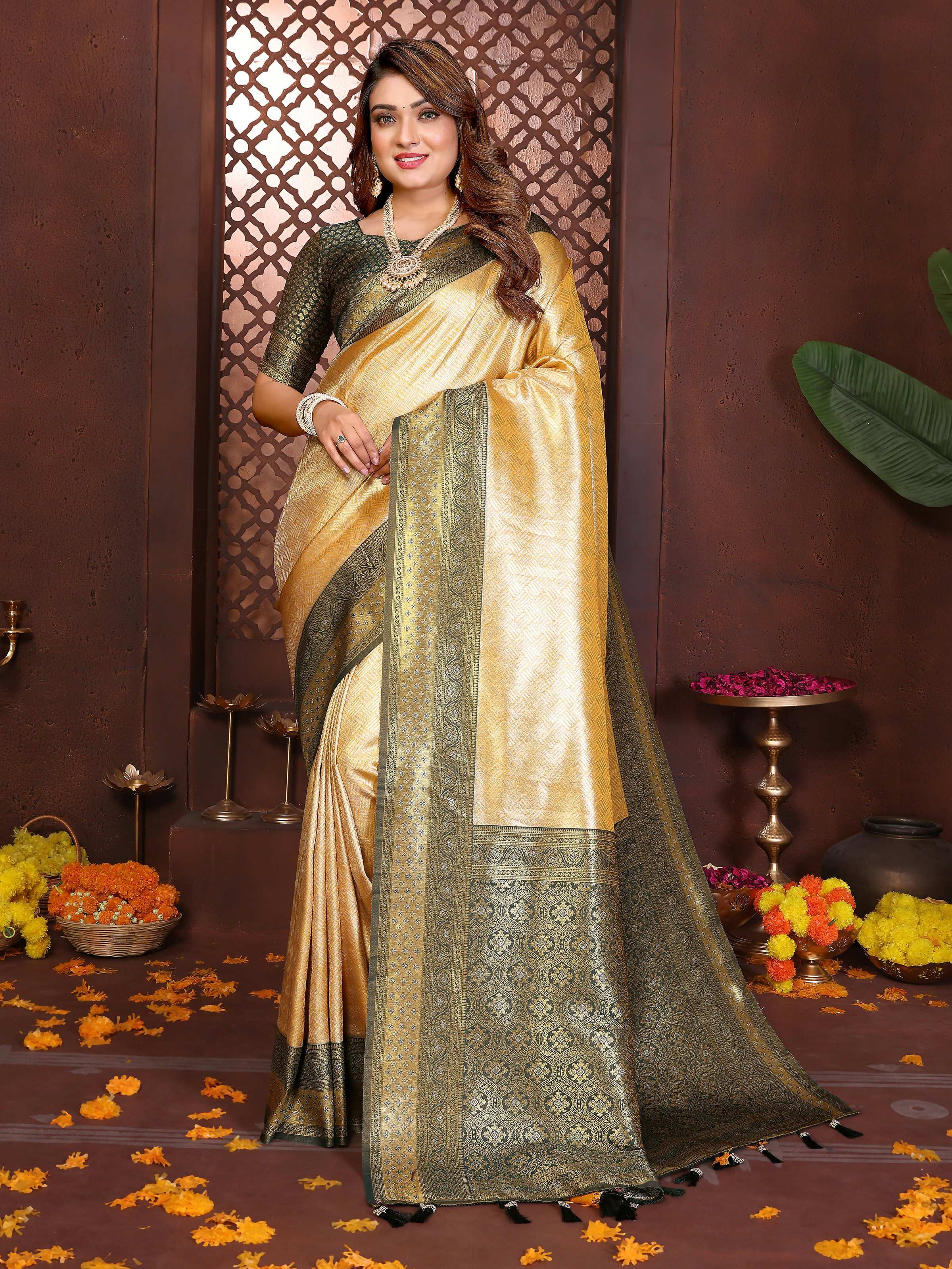 Aastha Fashion Cream Tissue Silk Woven Saree | Grocsy