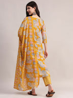 Aavyora Women Yellow Floral Printed Kurta with Striped Pants & Dupatta Set | Grocsy