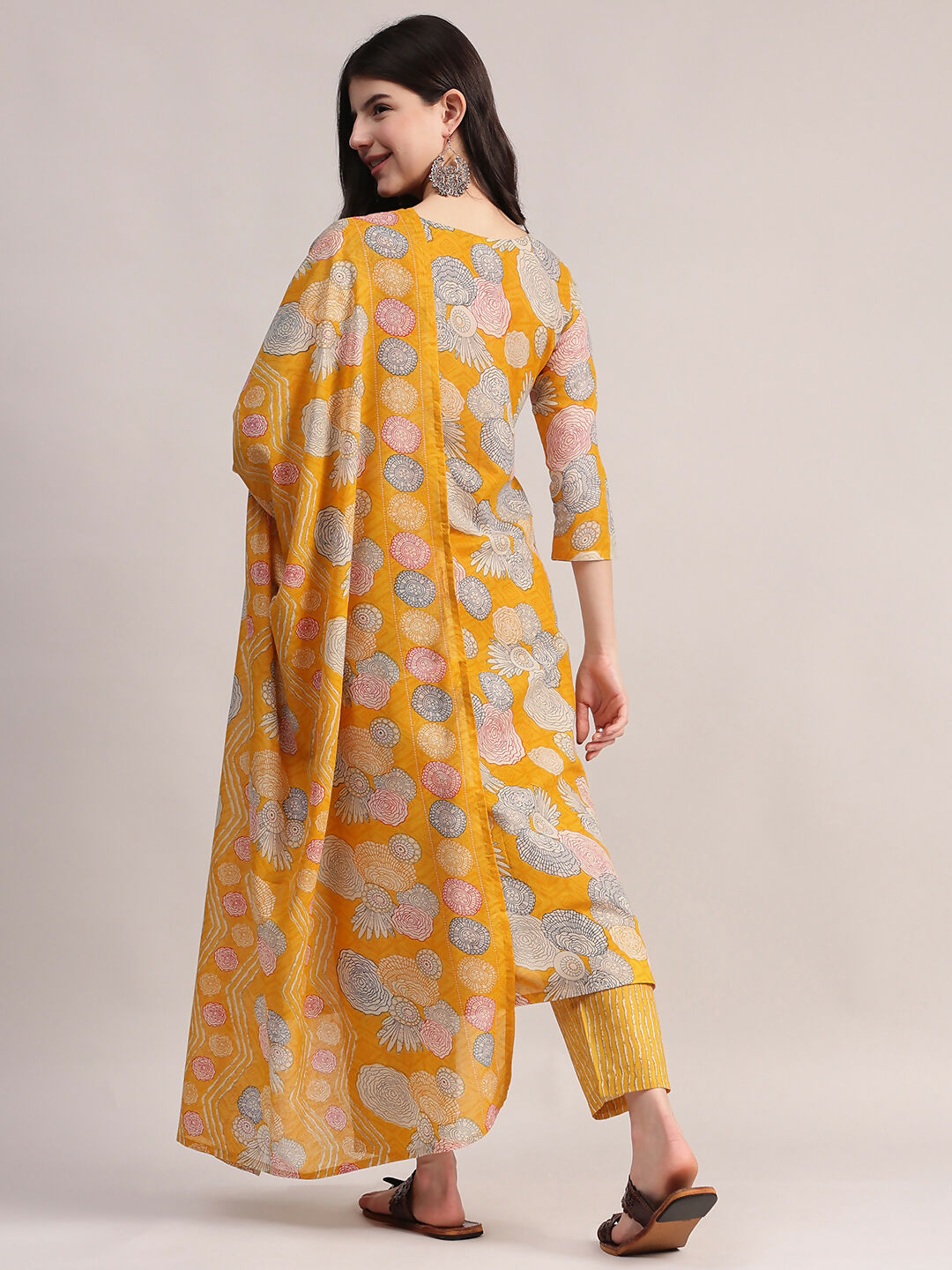 Aavyora Women Yellow Floral Printed Kurta with Striped Pants & Dupatta Set | Grocsy