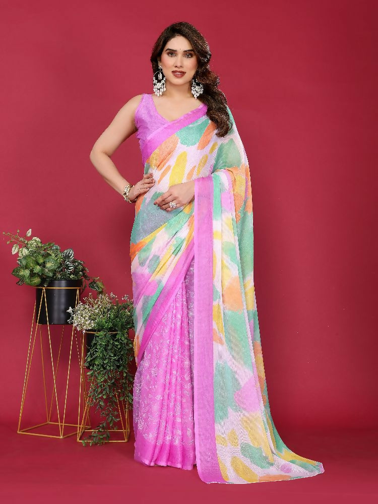 PR Fashion Purple Moss Chiffon Printed Saree | Grocsy
