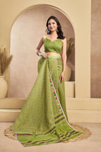 Vastranavya Mehendi Digital Printed Linen Ready To Wear Designer Saree with Unstitched Blouse | Grocsy