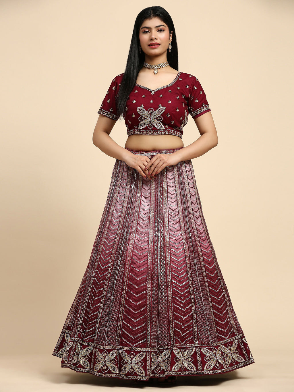 Maroon Fancy Net Sequence Embroidered Lehenga Choli with Dupatta - Dhara | Grocsy