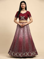 Maroon Fancy Net Sequence Embroidered Lehenga Choli with Dupatta - Dhara | Grocsy