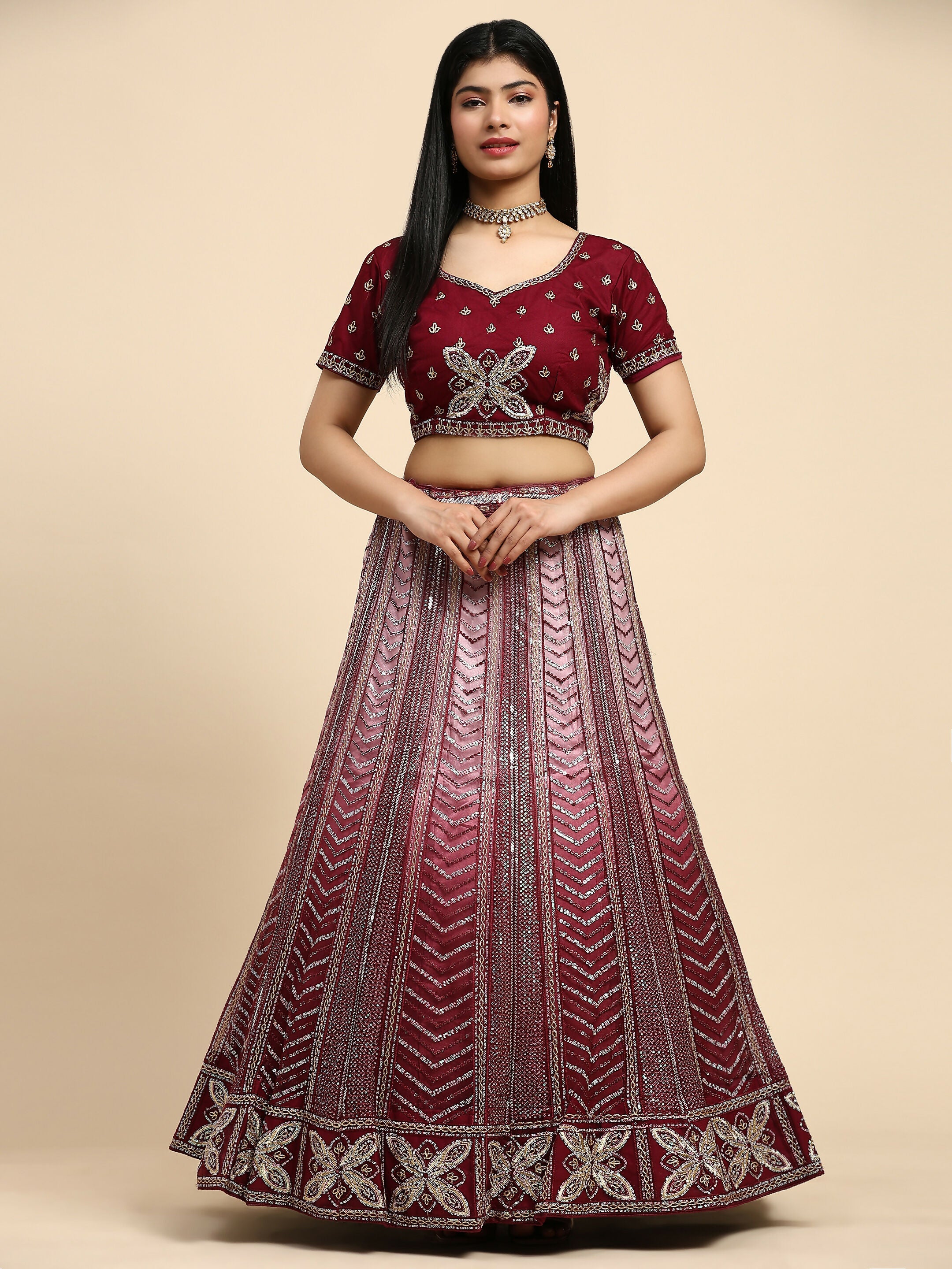 Maroon Fancy Net Sequence Embroidered Lehenga Choli with Dupatta - Dhara | Grocsy