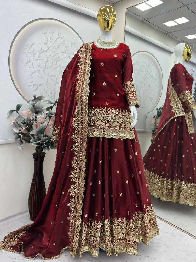 Teeya Creation Maroon Color Fendy Satin Heavy Embroidery Work Wedding Wear Stitched Lehenga Choli | Grocsy