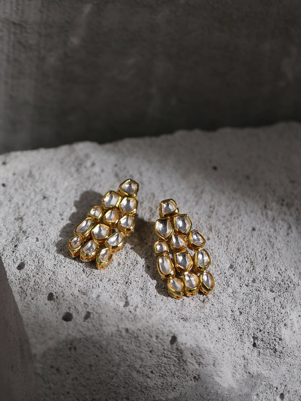 Gold-Toned White Kundan Contemporary Gold-Polished Drop Earrings - Ruby Raang | Grocsy