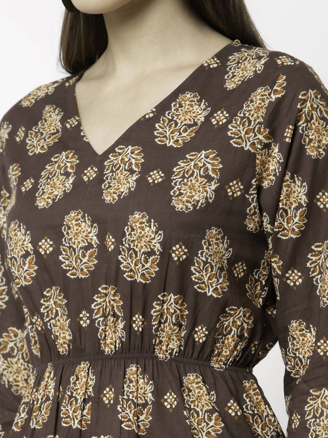 Myshka Printed 3/4 Sleeve V-Neck Casual Pure Cotton Top For Women | Grocsy