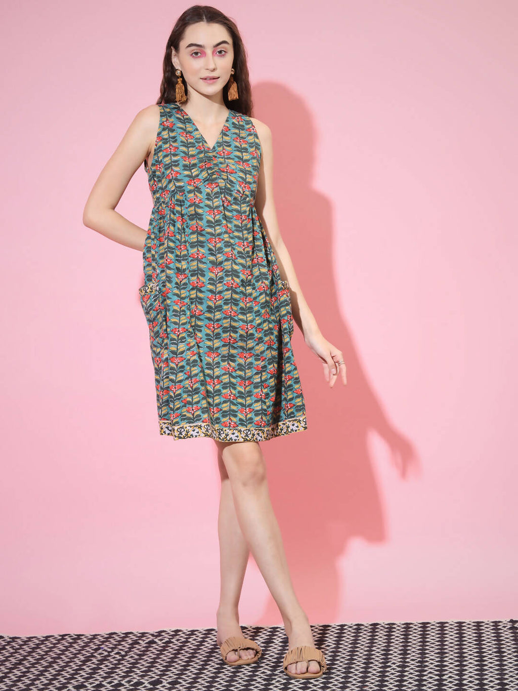 Myshka Women's Green Floral Printed A-Line Dress | Grocsy