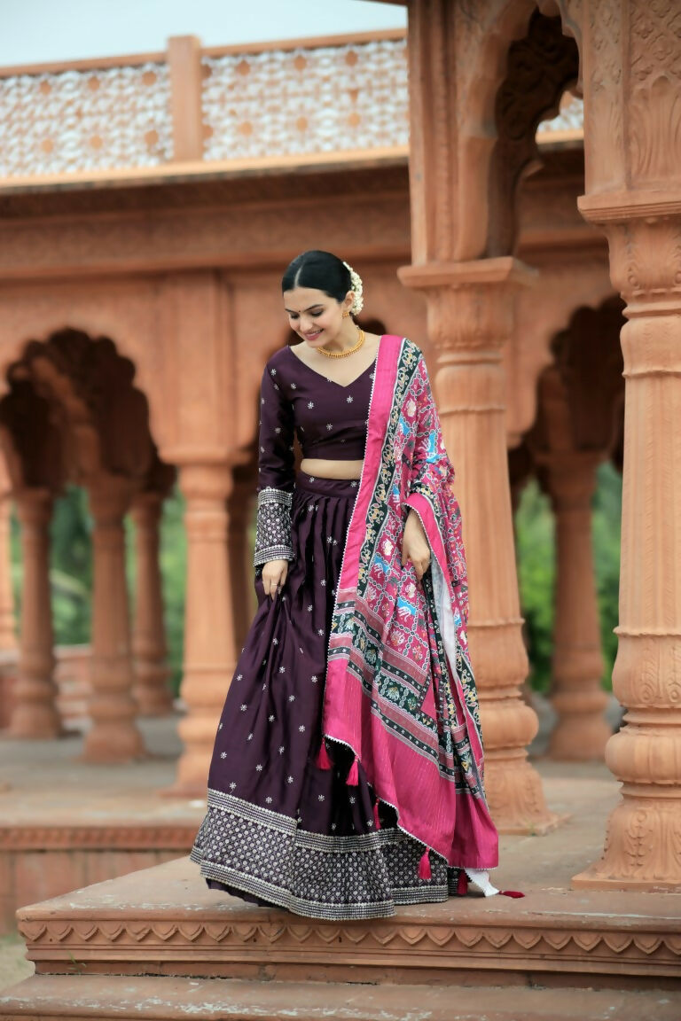 Vastranavya Navaratri Collection Myra Silk Lehenga & Blouse With Maslin Crochet Printed Dupatta Set - Wine | Grocsy