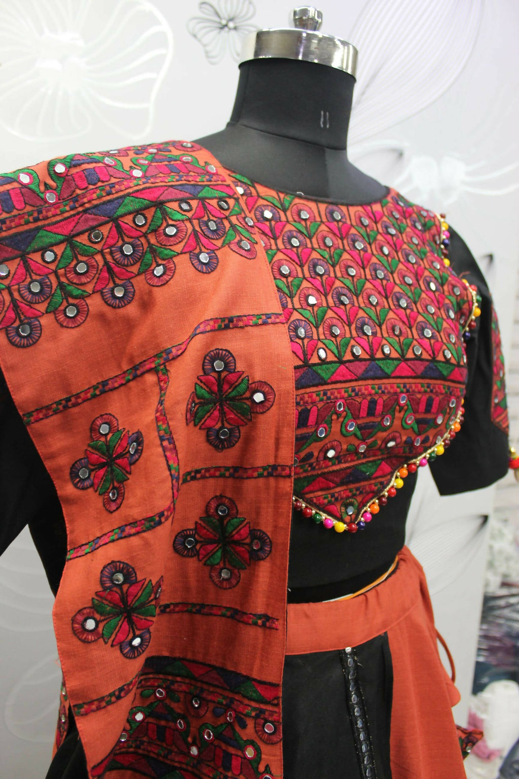 Orange Cotton Thread Embroidered Navratri Lehenga Choli with Dupatta - Raas | Grocsy