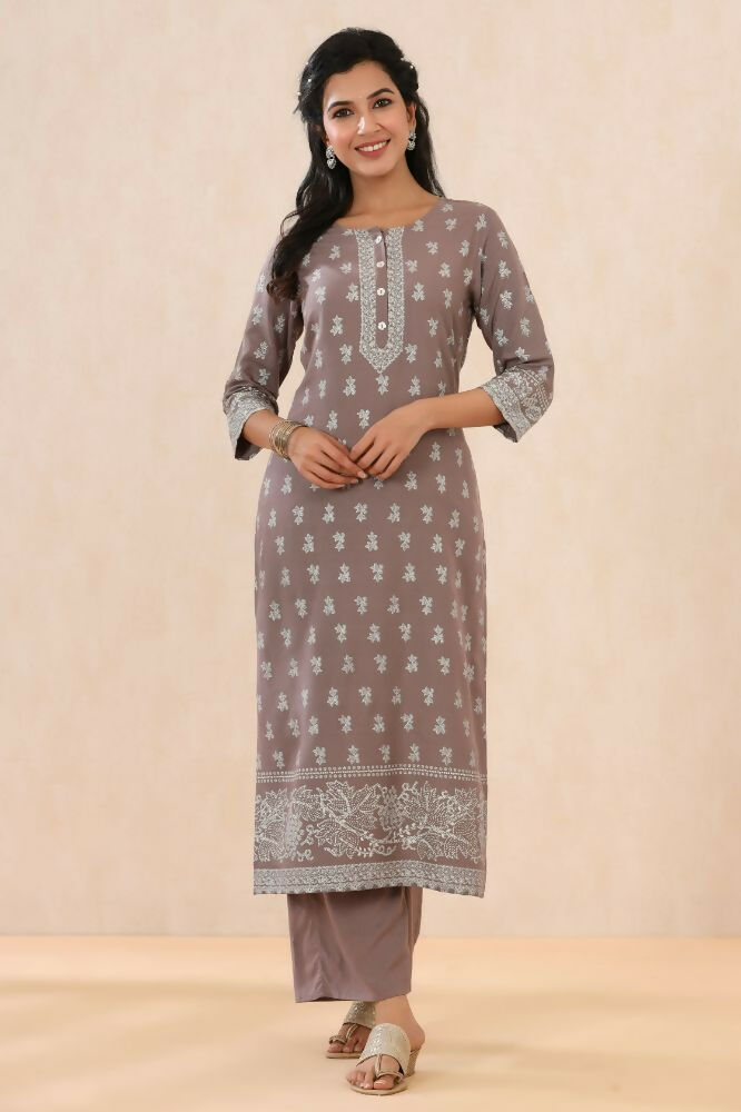 Juniper Grey Ethnic Motif Printed Rayon Kurta With Buttons | Grocsy