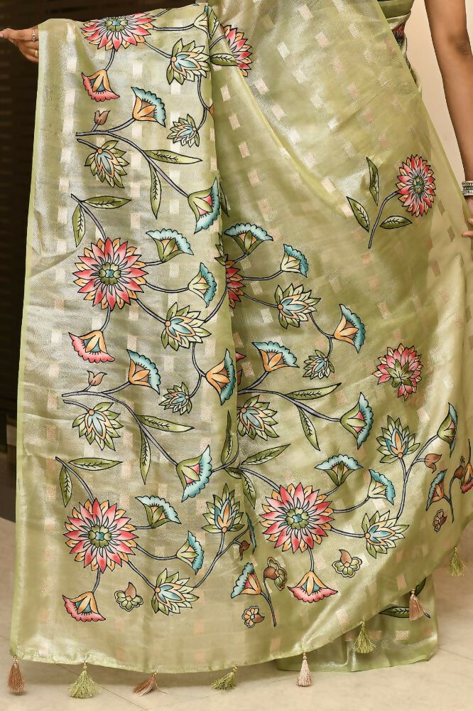Joban Fashion Green Saree Tissue Zari Buti Allover Applick With Contrast Blouse | Grocsy
