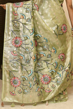 Joban Fashion Green Saree Tissue Zari Buti Allover Applick With Contrast Blouse | Grocsy