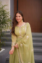 Teeya Creation Olive Color Crunchy Silk Wedding Wear Embroidery Work Long Gown | Grocsy