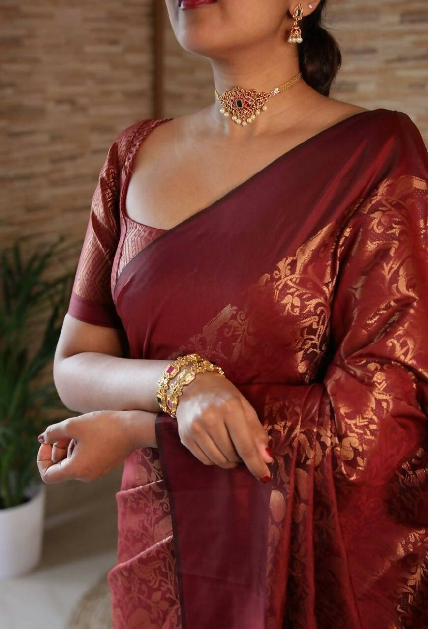 DEIANA'S Beautiful Designer Golden zari Soft Lichi Silk Saree - Brown | Grocsy