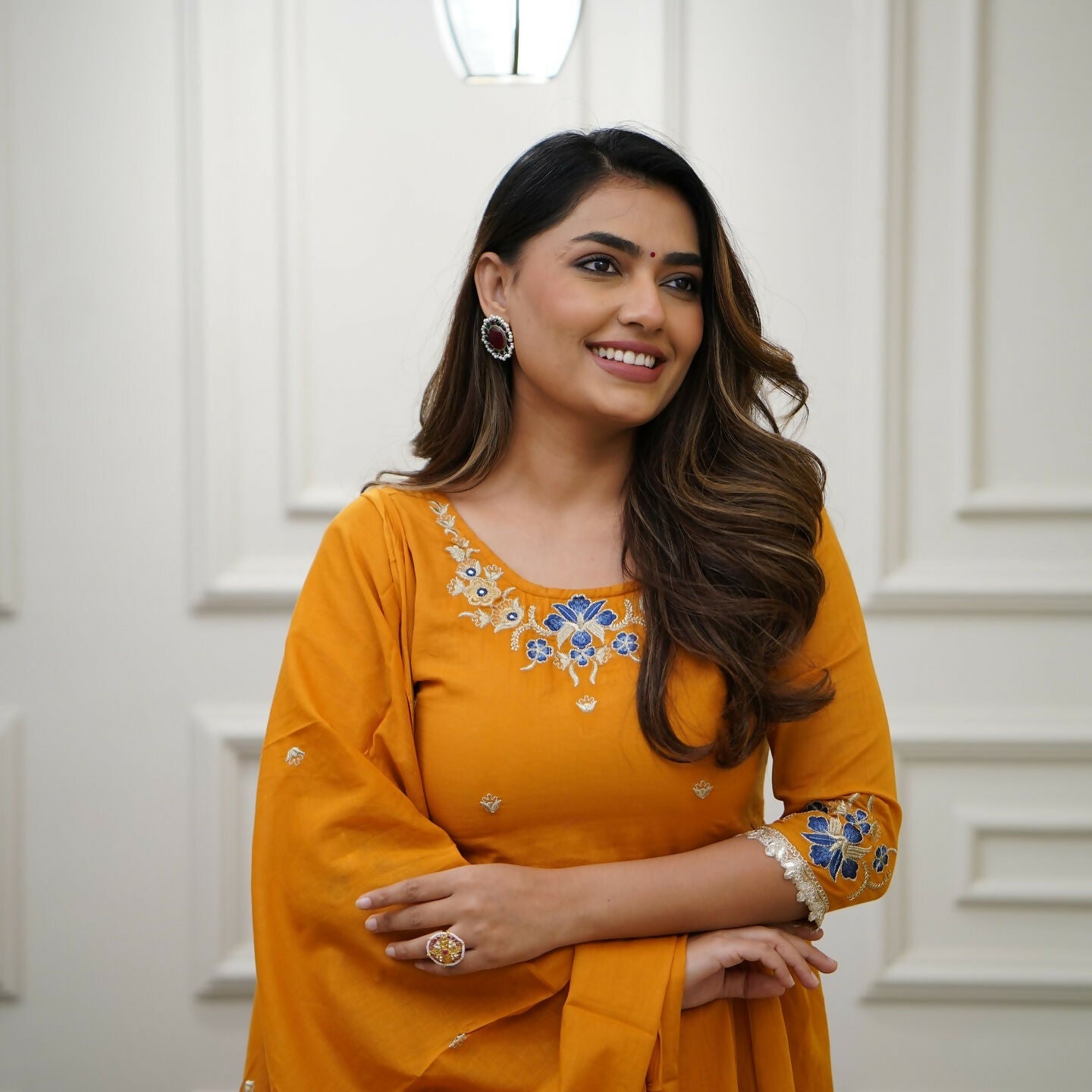The52 Orange Women's Gorgeous Viscose Fabric Embroidered Work Flared Kurta Pant and Dupatta Set | Grocsy