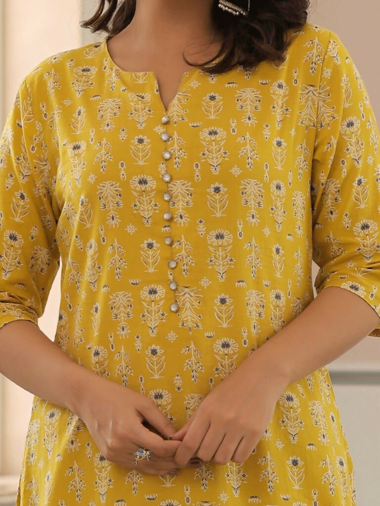 Aramya A-line Soft Cotton Butti Print Women's Kurta - Yellow | Grocsy