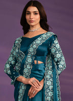 Light Blue Crepe Satin Silk Embroidered Saree With Stitched Blouse - Mohmanthan Exotica | Grocsy