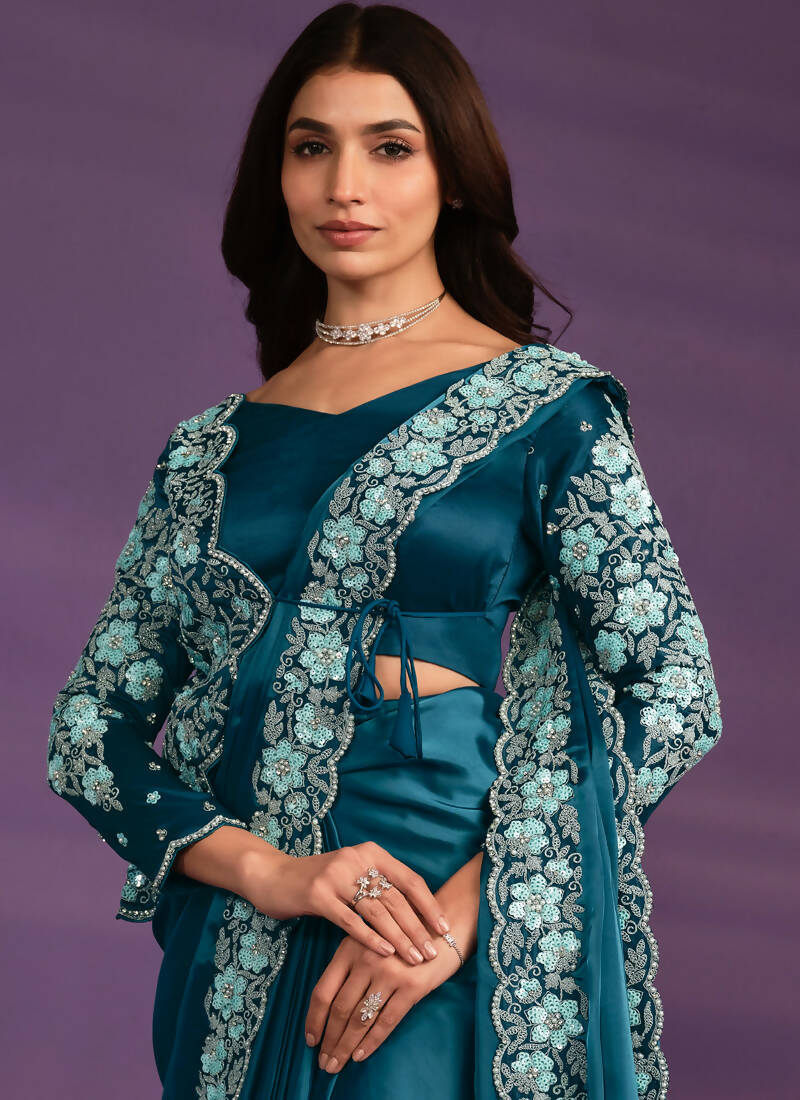 Light Blue Crepe Satin Silk Embroidered Saree With Stitched Blouse - Mohmanthan Exotica | Grocsy