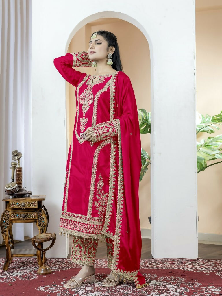 Teeya Creation Red Color Chinnon Silk Embroidery Work Fully Stitched Salwar Suit | Grocsy