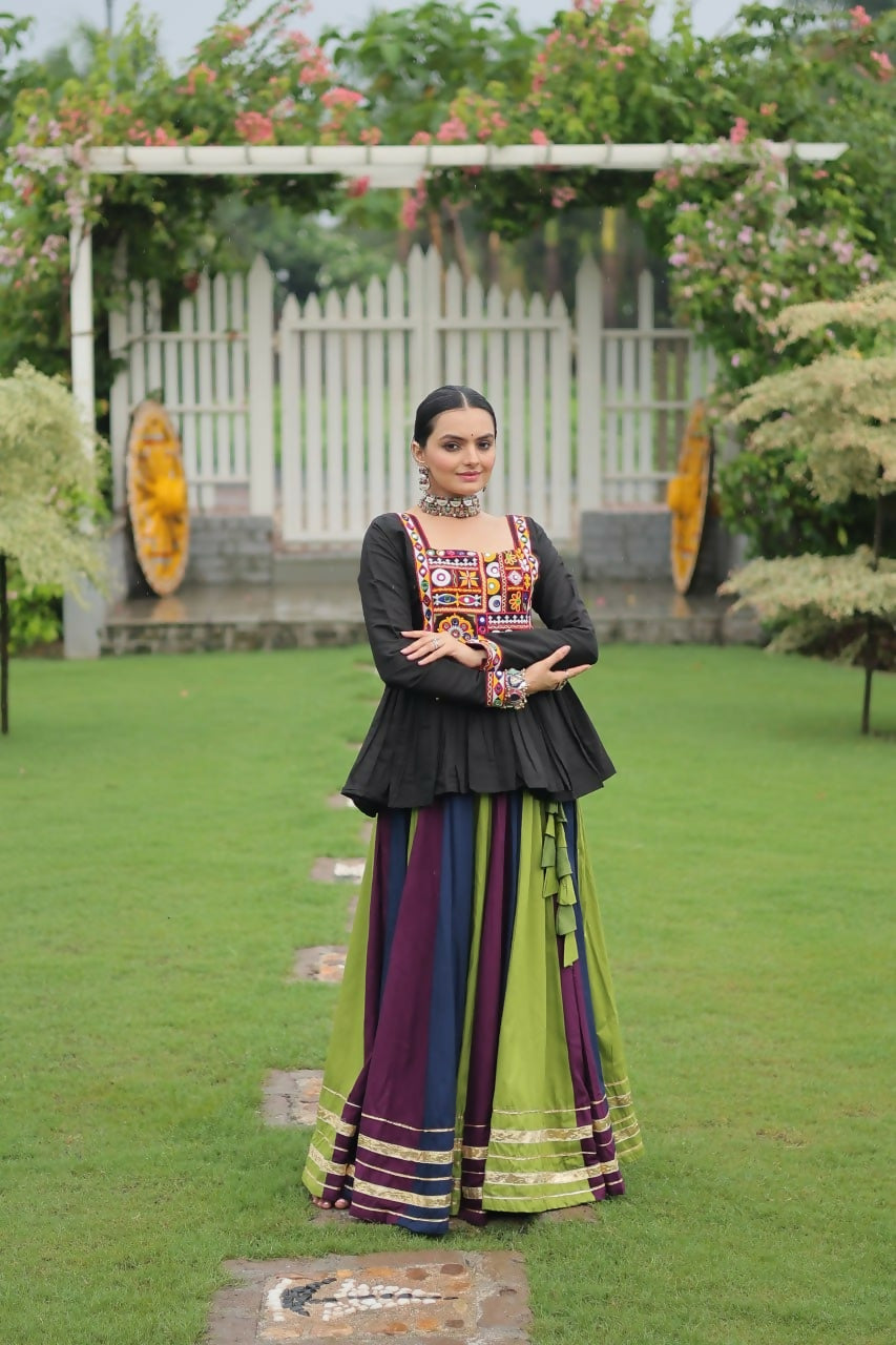 Teeya Creation Multi Colour Reyon Silk Gamathi Work Navratri lehenga Choli | Grocsy