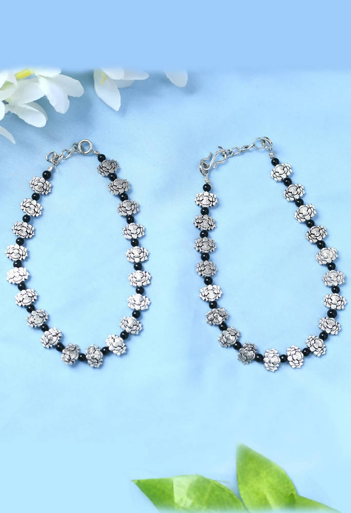 Mominos Fashion Kamal Johar Oxidised Silver Black Beads Anklets | Grocsy