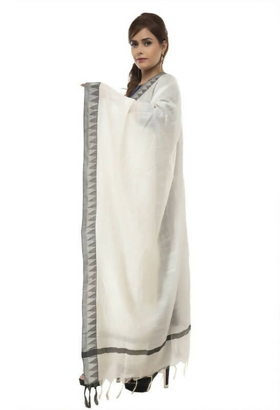 Mominos Fashion Moeza Cotton Black Temple Border Off White Dupatta | Grocsy