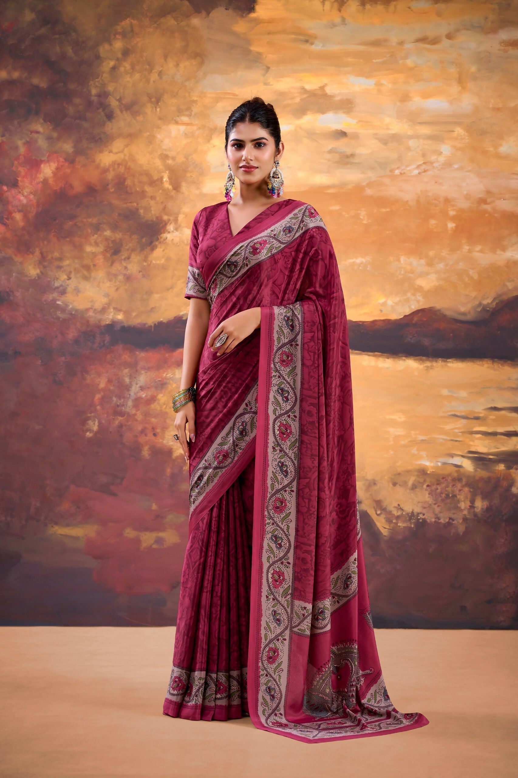 Vastranavya Pink Crepe Printed Saree with Unstitched Blouse | Grocsy