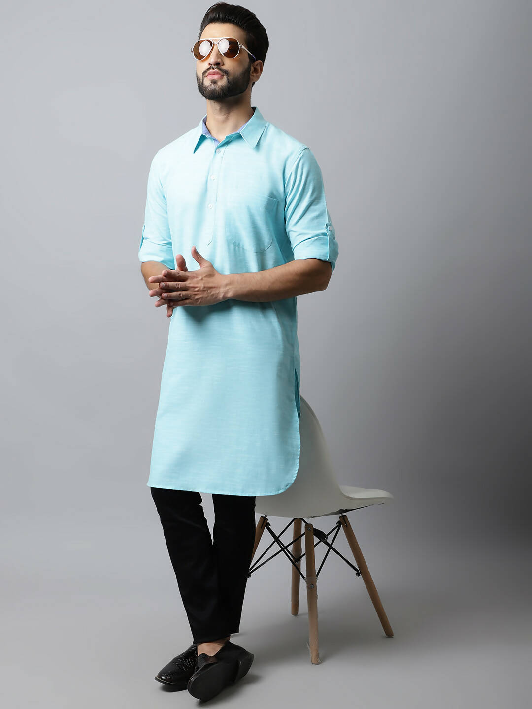 Even Apparels Blue Color Pure Cotton Solid Men's Kurta With Shirt Collar (SLD1132) | Grocsy