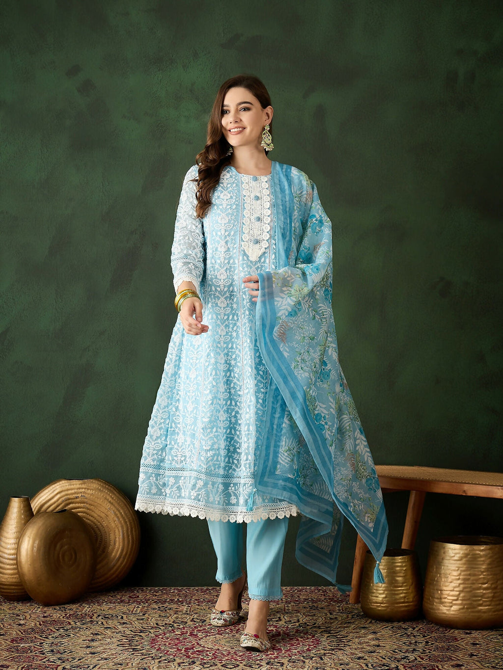 Blue Crystal Organza schiffli embroidery Kurta With Trouser & Dupatta - Bhumi | Grocsy