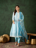 Blue Crystal Organza schiffli embroidery Kurta With Trouser & Dupatta - Bhumi | Grocsy