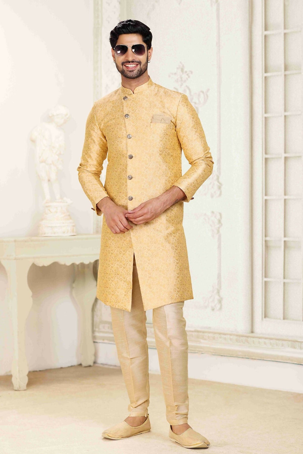 Raivat Ethnic Banarasi Jacquard Embroidery Semi Indo Western Sherwani In Cream Beige Colour | Grocsy