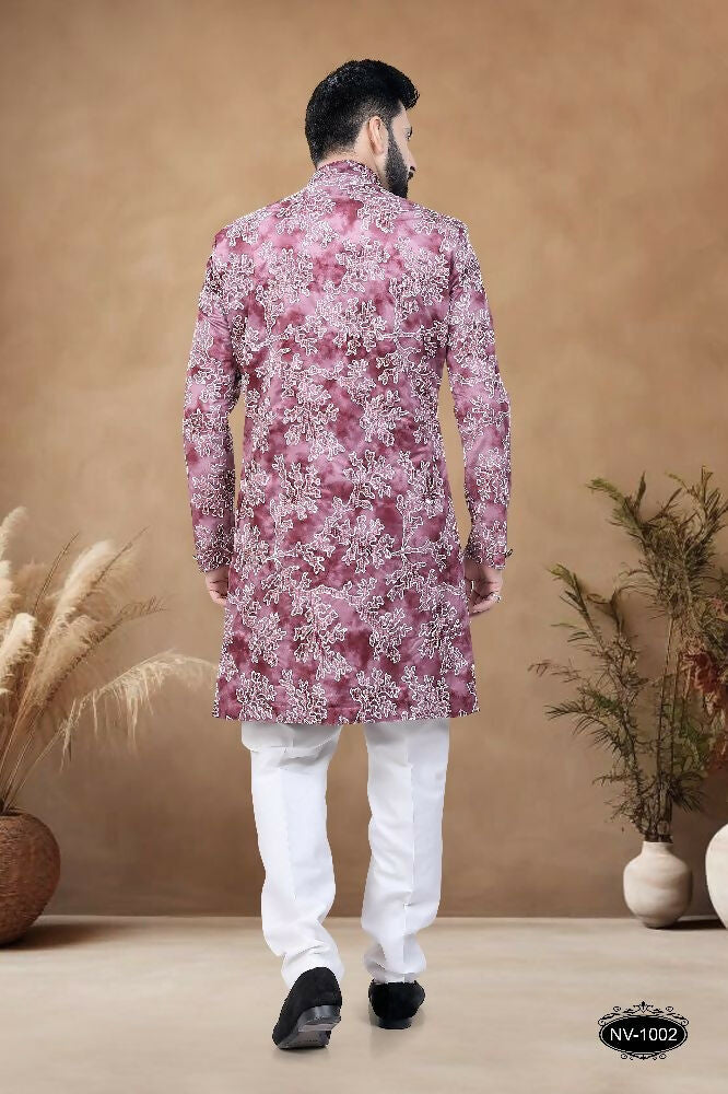 Joban Fashion Men's Pink Straight Swed Velvet Thread & Sequence Embroidery All Over Indo-Western Kurta Set | Grocsy