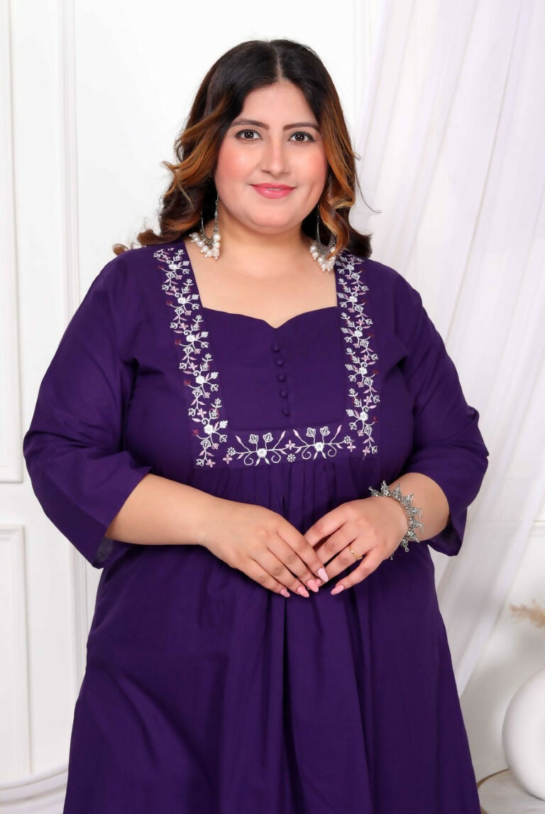 Miravan Women's Plus Size Purple Embroidered Sweetheart Neck & Accordion Pleated Solid A-Line Kurta And Palazzo Set | Grocsy