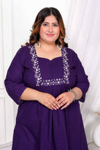 Miravan Women's Plus Size Purple Embroidered Sweetheart Neck & Accordion Pleated Solid A-Line Kurta And Palazzo Set | Grocsy
